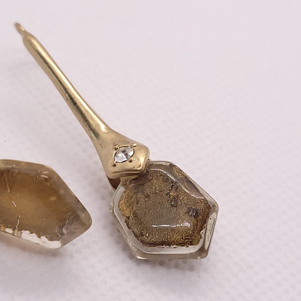 Vintage Gold Tone Amber Lucite Rhinestone Modernist Dangle Earrings